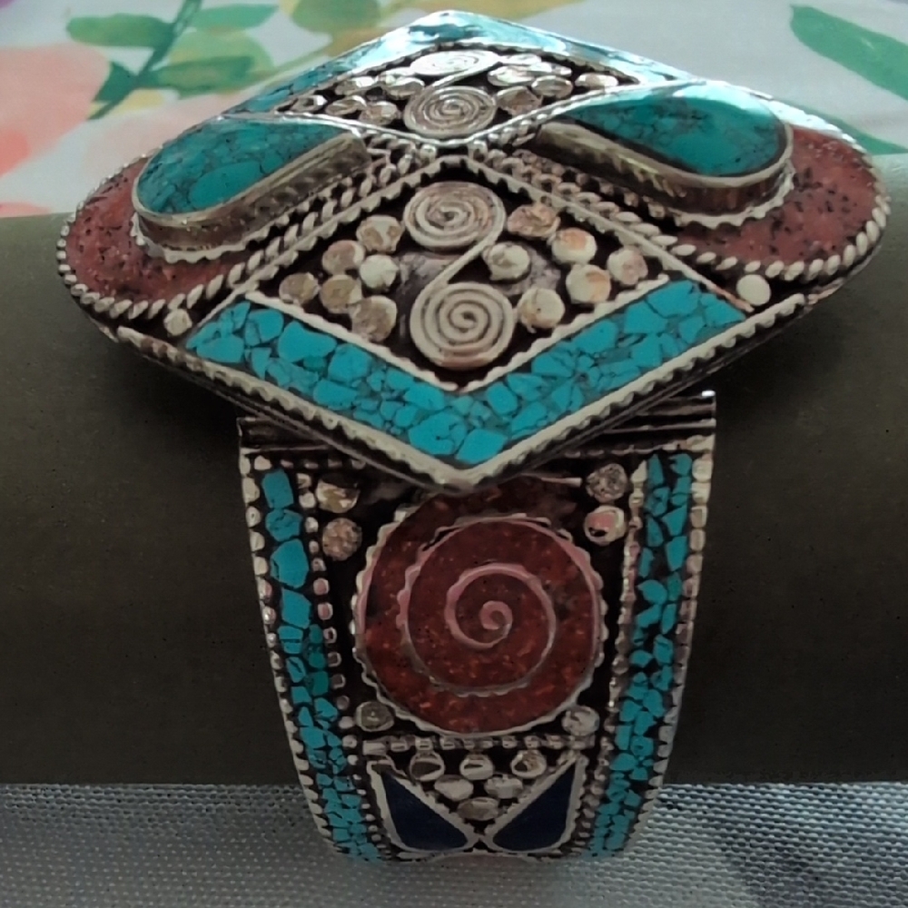 Turquoise and Coral Stone Tibetan Silver Bracelet - Picture 3 of 11